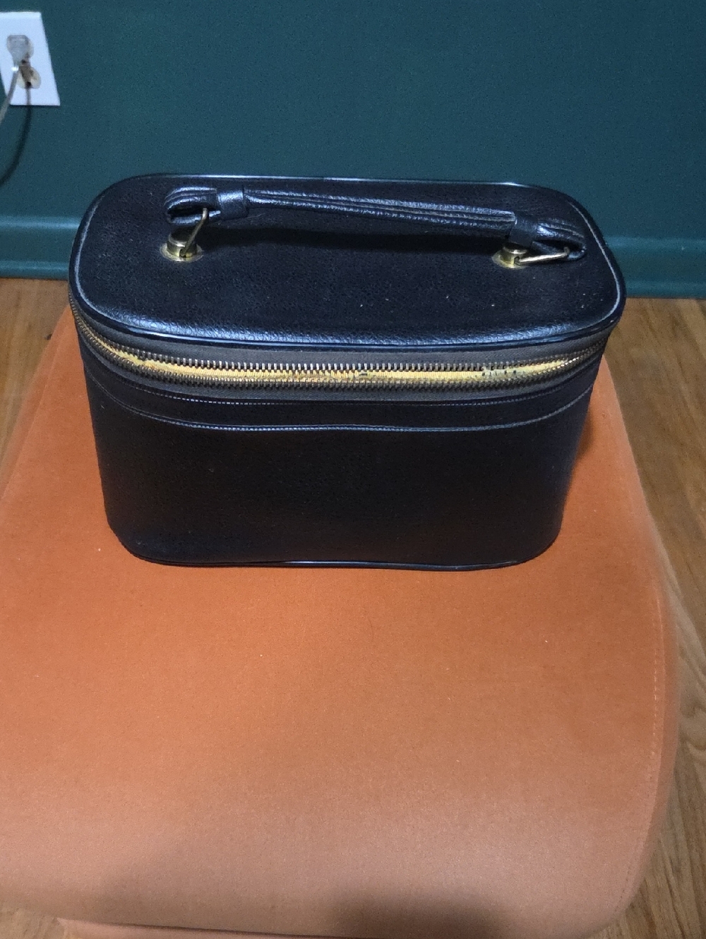 Vintage Black Leather Train Case with Gold Hardware